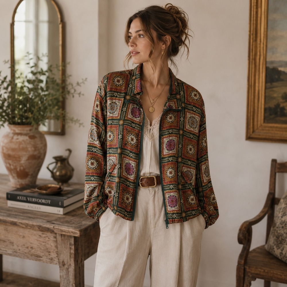 VTG Xposure Silk Jacket PL Multicolor  Medallion Patchwork Boho Luxe Art To Wear